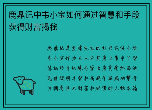 鹿鼎记中韦小宝如何通过智慧和手段获得财富揭秘